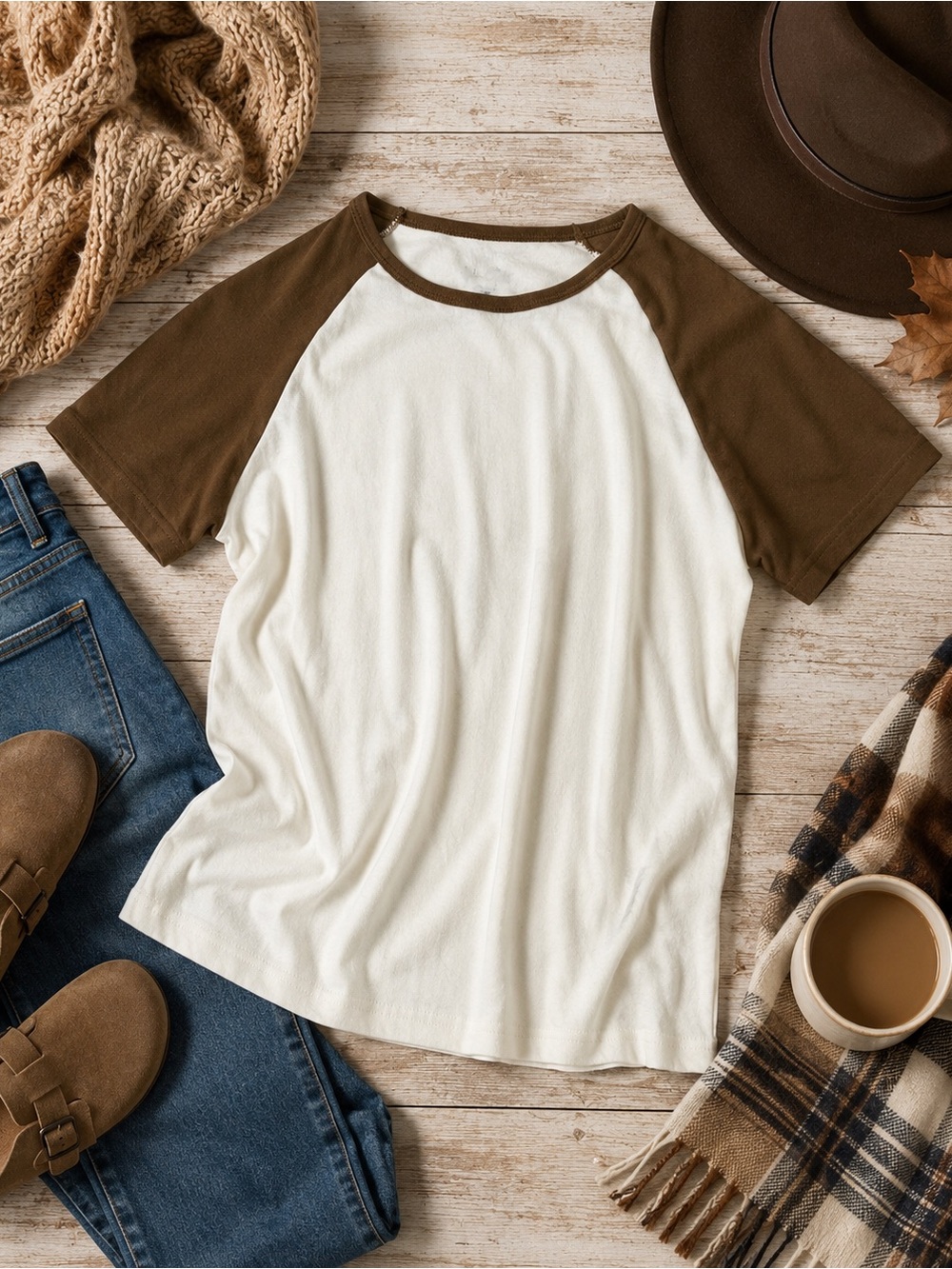Brandy Melville John Galt 100% Cotton Brown and White Raglan Tee